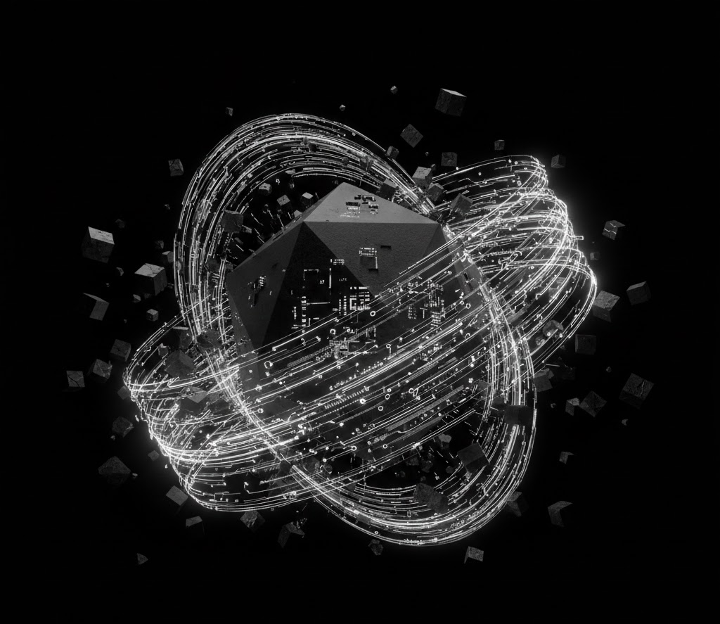 Digital icosahedron core surrounded by dynamic orbital light paths, symbolizing an adaptive resilience framework for incident response and executive security coaching.